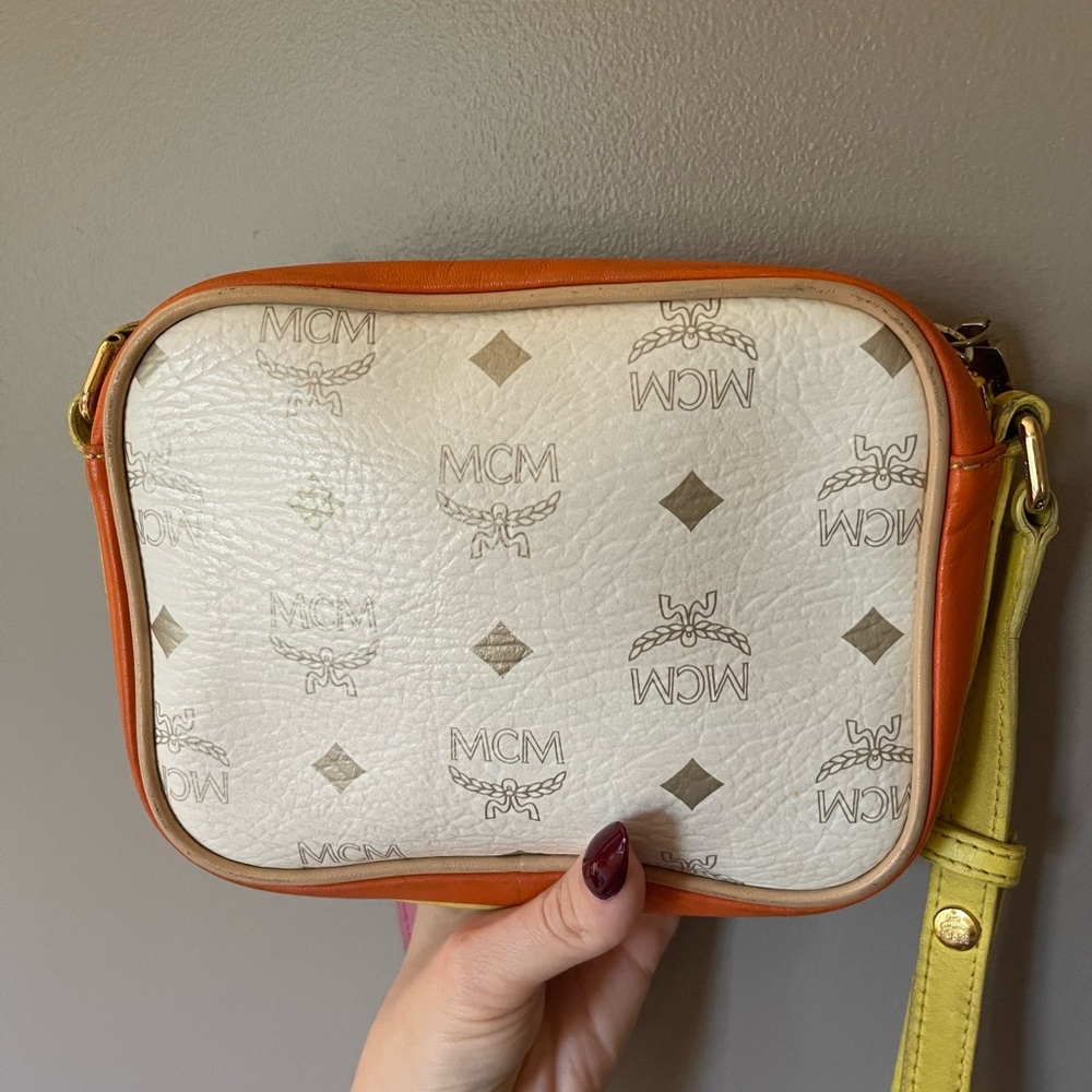 MCM Visetos Small Mini TwoWay Crossbody Leather Zip Bag Pink White Yellow Orange - Picture 7 of 9